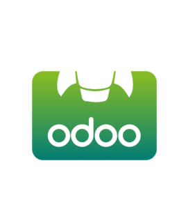 Illustration blanche qui représente un ordinateur avec un dégradé de vert avec odoo écrit dedans et une fusé qui en sors