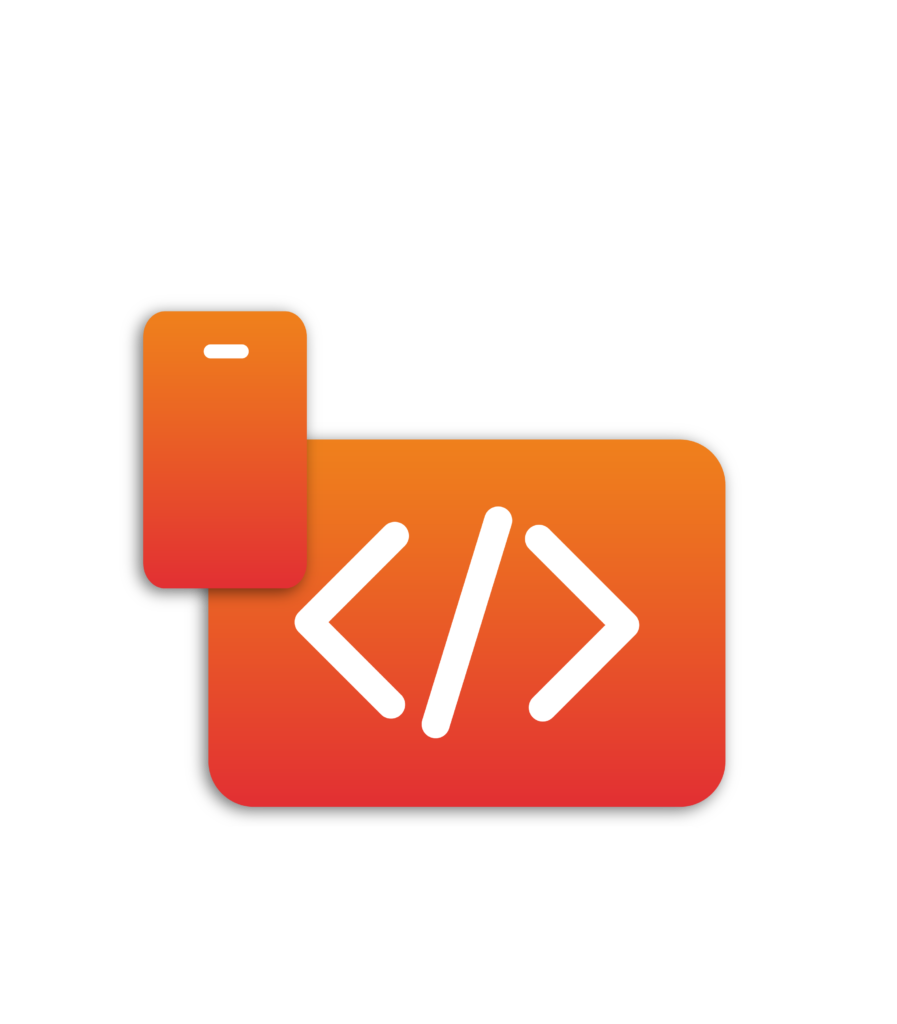 Illustration blanche avec dégradé d'orange d'un téléphone et d'un ordinateur pour le service "Développement"