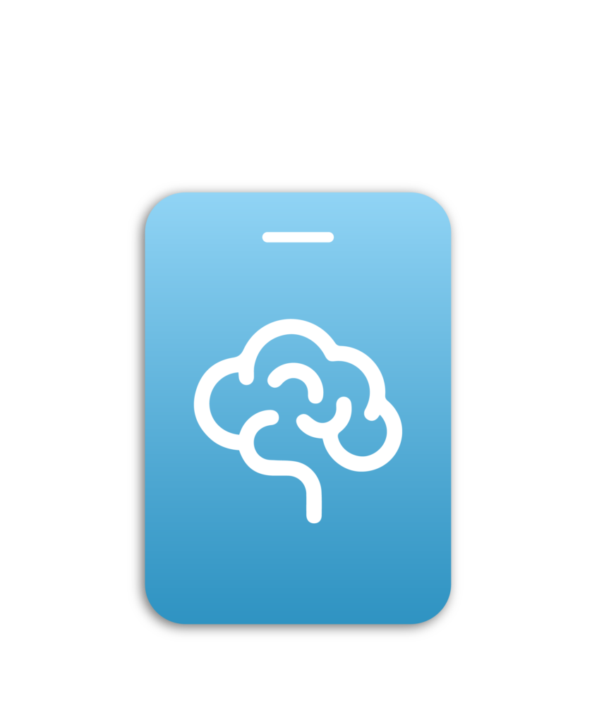 Illustration blanche avec dégradé de bleu d'un téléphone et d'un cerveau, pour le service "Design Thinking"