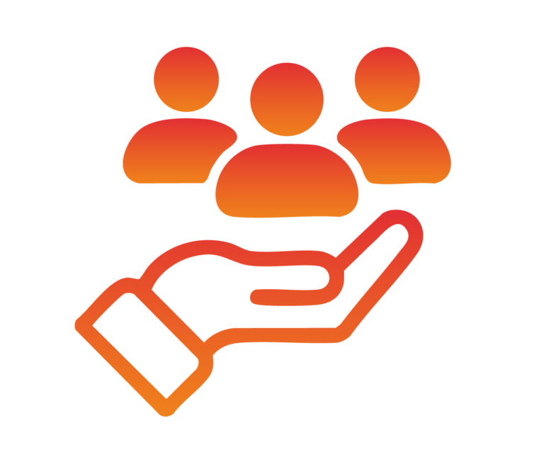 Illustration d'une main et d'un groupe de personne, en orange dégradé